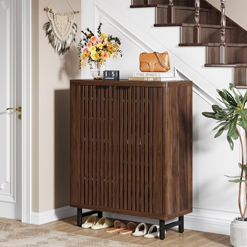 Tribesigns 6-Tier Shoe Cabinet with Shutter Doors, Large Wooden Shoe Organizer Rack with Adjustable Shelves, Modern Farmhouse Hidden Storage Furniture for Entryway, Hallway (Dark Walnut) - color: Dark Walnut