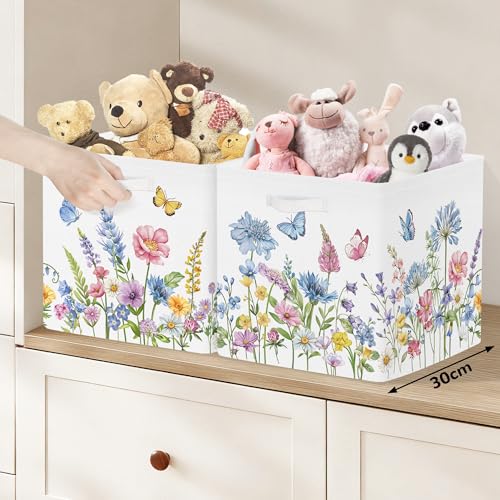 Clastyle Flowers Storage Cube Organizer Set Handle Closet Clothes Cube with Metal Frame Foldable Parents Organizer Storage Basket for Book Toy,Blue Flowers,11.8x11.8x11.8 in - color: Blue Flowers