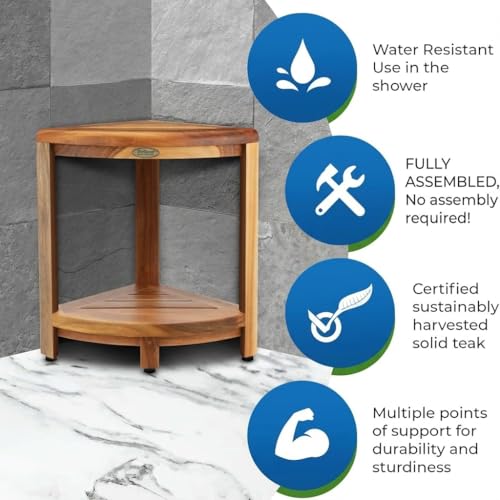 EcoDecors Fully Assembled SnazzyCorner® 18" Teak Shower Bench, Corner Shower Stool, w Shelf in Earthy Teak Finish, Compact Fit for Small Bathrooms & Walk-in Showers – Slip-Resistant Feet, Sauna Bench - size: 2 tier Fully Assembled