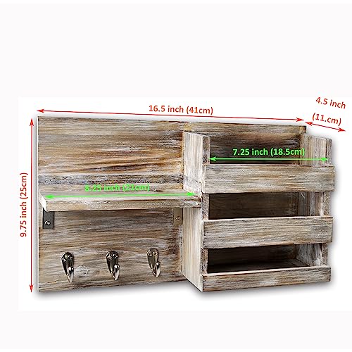 Spiretro Rustic Wooden Wall-Mounted Key Hooks Holder & Mail Sorter | Farmhouse Decor | 3 Metal Hooks & Small Shelf | Natural Torched Wood | Easy Installation - color: Grey Organizer & Wood shelf