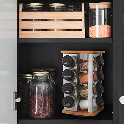 Kamenstein 16 Jar Warner Revolving Countertop Spice Rack Organizer with Lift & Pour Caps and Spices Included, FREE Spice Refills for 5 years, Stainless Steel & Bamboo with Black Caps - size: 16-Jar, style: 16-Jar Bamboo Revolving