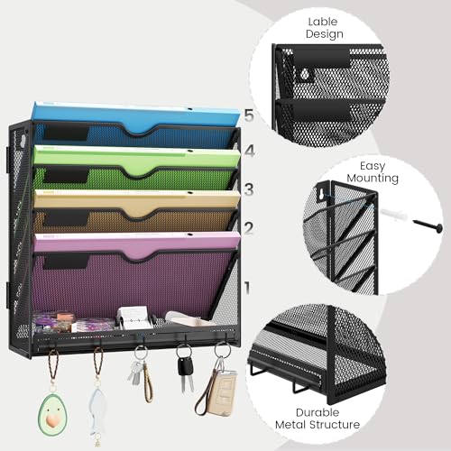 Hanging Wall File Organizer 5-Tier Wall Mount Mail Organizer & Desk Paper Organizer, Sleek Black Metal File Folder Holder for Office, Cubicle (Black-5 Tier) - color: Black-5 Tier