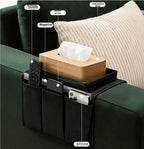 Sofa Armrest Organizer with Spill-Resistant Drink Tray, Multi-Pocket Non-Slip Couch Arm Caddy for Remote Control, Phones, Snacks, Universal Fit for Sofa, Recliner & Armchair - color: black