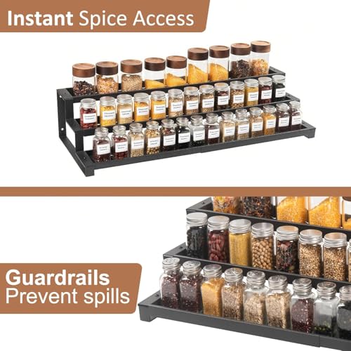 GOENDR Expandable Spice Rack Organizer for Cabinet, 3 Tier Metal Spice Organization,16"-29.5" Wide Adjustable Seasoning Organizer, Display Shelf, Canned Goods Organizer for Pantry Kitchen Countertop - size: Large-Black - Fits 10.9" Deep Cabinet