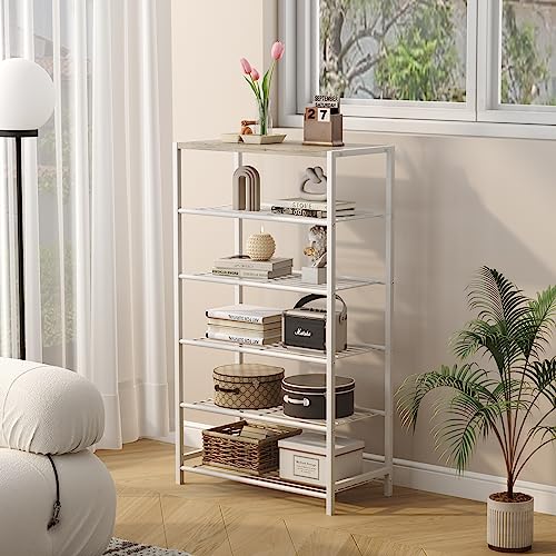 HOMEFORT Shoe Rack 6-Tier, Shoe Storage Shelf, Industrial Shoe Tower, Narrow Shoe Organizer for Closet Entryway, Small Shoe Rack Table with Durable Metal Shelves,White Oak - color: White Oak, size: 6-Tier (11.8"D x 23.23"W x 40.55"H)