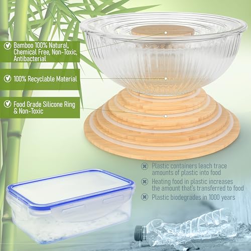 Stackable Space-Saving Set of 5 Nesting Glass Bowls with Bamboo Lids for Foodprep, Storage, Baking, Mixing & Cooking, Microwave & Oven Safe BPA Free Heat Resistant Inert Borosilicate Glass - color: 5 Mixing Bowls with Bamboo Lids (Ribbed)