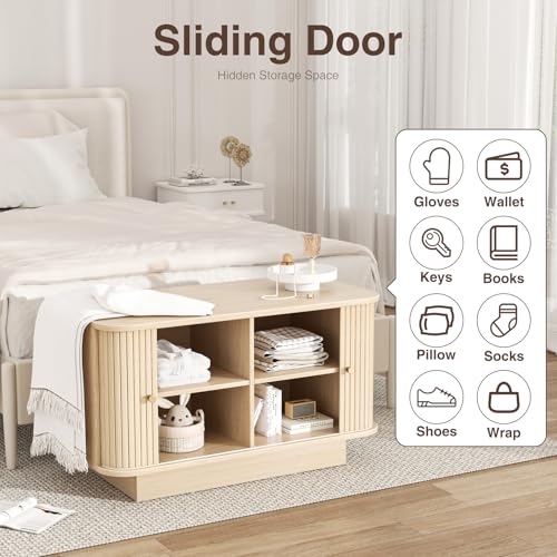 AKMAKM 63" W Small Shoe Storage Bench, Shoe Bench Entryway with Sliding Doors and Adjustable Shelvs, Wooden Low Cabinet for Hallway, Living Room, Bedroom, Apartment, Dorm, Mudroom, Garage, Oak, 2PCS - color: Oak, size: 31 W * 2