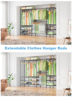 Ulif E11 Heavy-Duty Garment Rack, Metal Freestanding Clothes Rack and Closet Storage Organizer System with 8 Shelves and 4 Hanger Rods, (73.2-97.6)" W x 14.5" D x 71.2" H, Load 1034 LBS, Black - color: Black