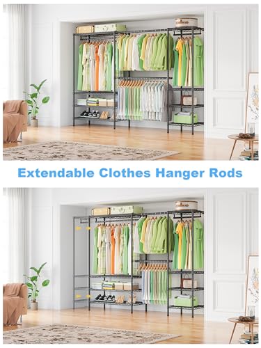 Ulif E11 Heavy-Duty Garment Rack, Metal Freestanding Clothes Rack and Closet Storage Organizer System with 8 Shelves and 4 Hanger Rods, (73.2-97.6)" W x 14.5" D x 71.2" H, Load 1034 LBS, Black - color: Black