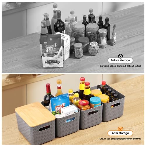 Ohmlove 4 Packs Storage Bins with Bamboo Lids - Plastic Storage Containers with Lids Stackable Storage Box：Storage Baskets for Organizing Desktop Closet Playroom Classroom Office,Gray - color: Gray