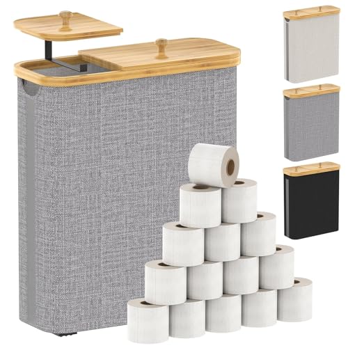 42L Toilet Paper Basket with Bamboo Lid, Toilet Paper Storage with Toilet Paper Holder & Non-Slip Mat for Bathroom Organizer, Holds up to 19 Regular Rolls or 14 Mega Rolls, Collapsible & Stackable - color: White