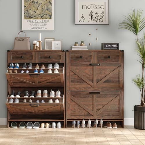 Halitaa Shoe Cabinet with 2 Flip Drawers & 2 Drawers,Farmhouse Shoe Storage Cabinet for Entryway,Slim Freestanding Narrow Organizer Rack for Front Door Entrance,Dark Walnut - color: Dark Walnut, style: 2-Drawers