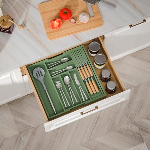 TIOPGHAD Bamboo-Silverware-Drawer-Organizer-Kitchen, Expandable Utensil Holder Cutlery Tray Flatware Organization Adjustable Wood Tableware Dividers Storage (with Removable Knife Block)(Grayish Green) - color: Grayish Green, size: Large