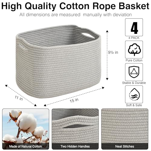 ICERZCZ Storage Baskets for Organizing & Shelves, Woven Cotton Rope Organization Bins for Dog Toys, Clothes, Books, Nursery Organizer, 15" Lx11 Wx9.5 H, (4 Packs) Grey - color: Grey, size: 15"(L)×11"(W)×9.5"(H)