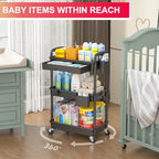 Goovilla 3 Tier Rolling Utility Cart Organizer with Removable Drawer, Stable and Sturdy Black Rolling Storage Carts with 2 Lockable Wheels for Bathroom, Kitchen, Snack, Craft, Makeup, Baby Essentials - size: 3 Tier, style: Black