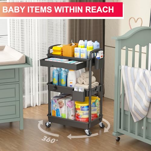 Goovilla 3 Tier Rolling Utility Cart Organizer with Removable Drawer, Stable and Sturdy Black Rolling Storage Carts with 2 Lockable Wheels for Bathroom, Kitchen, Snack, Craft, Makeup, Baby Essentials - size: 3 Tier, style: Black