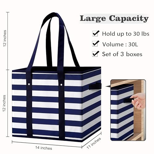 WISELIFE 3 Pack Reusable Grocery Bags Large Water Resistant Grocery Collapsible Heavy Duty Tote Bags for Shopping Picnic - color: Blue, size: 3 PCS