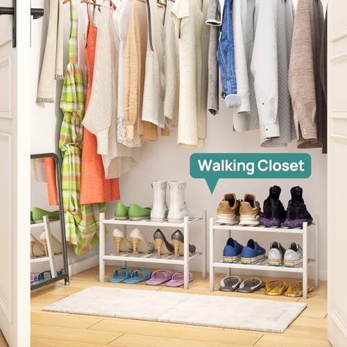 viewcare White Small Shoe Rack for Entryway,2-Tier Bamboo Shoe Organizer for Hallway Closet, Free Standing Shoe Racks for Indoor Outdoor - color: White, size: 2-Tier_Samll