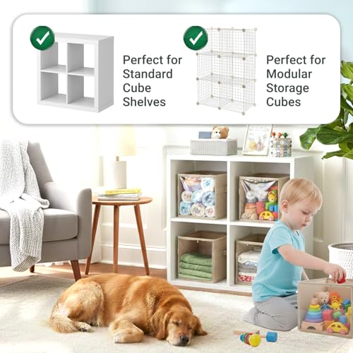 3-Pack Clear Front Storage Bins – Foldable Cube Organizers with PVC Window & Polyester Linen, Handles for Closet Shelves Nursery Toy Storage – 8×12×8 Inch (20×30×20 cm), Brown