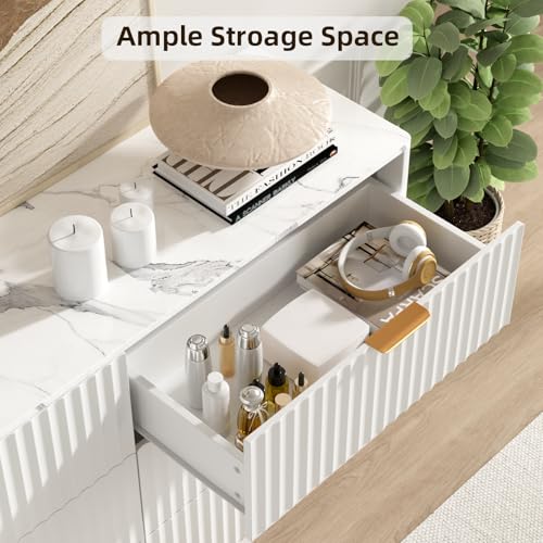 VOWNER Fluted 6 Drawers Dresser for Bedroom, 54" Wide Modern Chest of Drawers with Metal Handle, Closet Clothes Storage Organizer, Wood Dresser TV Stand for Living Room, Closet, Hallway, Entryway - color: White & Marble
