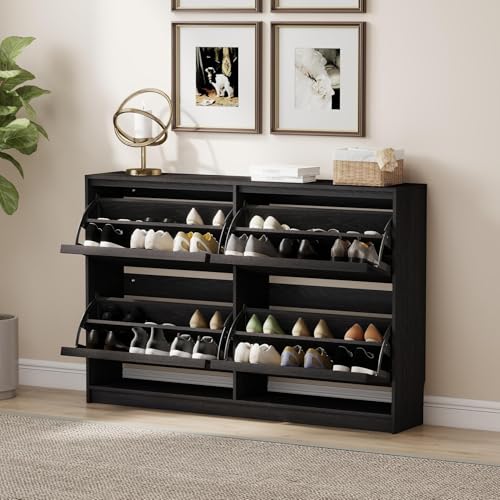 Shoe Storage Cabinet for Entryway with 4 Flip Drawers, Wooden Shoe Organizer Cabinet with Adjustable Shelf, Slim Freestanding Shoe Rack for Entryway, Hallway, Living Room, Black - color: Black