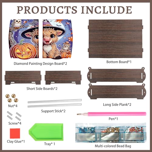 antor DIY Diamond Painting Wooden Storage Box, Halloween Cow and Pumpkin Special Shaped Rhinestone Art Flip Cover Organizer, Handmade Desktop Diamond Art Storage Box Decor - color: Halloween