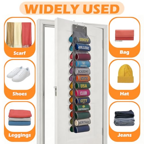 Over the Door Hoodie Organizer, Double Sided Holds 26 Hoodies, Gray Hanging Storage with 2 Hooks and Rope for Door Closet Cabinet Use, Ideal for Dorm Rooms Bedroom, Small Spaces, 54.3 Inch - color: Grey