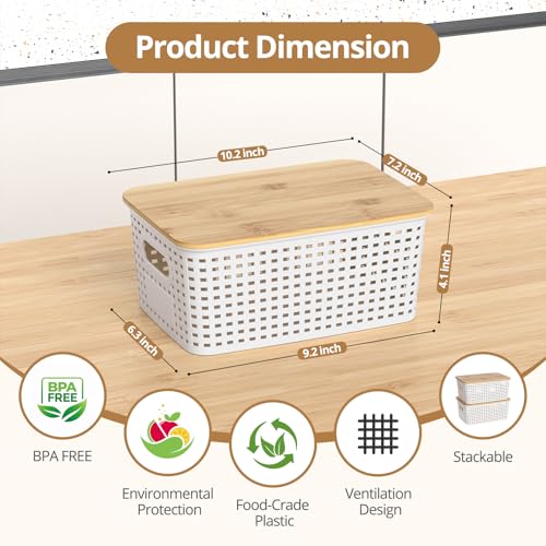 Plastic Storage Baskets with Bamboo Lids, Stackable Small Box Bins for Organizing and Containers for Shelves Drawers Desktop Closet Pantry Classroom Office Home, 6 Pack 10.2x7.2x4.1 Inch, White - color: White