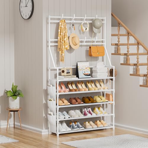 OYREL Shoe Rack 5 Tier Shoe Racks Organizer 20-25 Pairs Shoes Rack for Closet Entrance Shoe Storage Shelf with Hooks and Side Pocket Entryway Shoe Holder Space Saving Free Standing Shoe Racks - color: White, size: 5 Tier