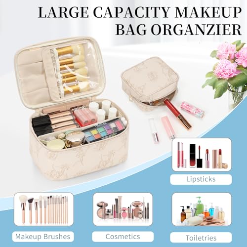 OCHEAL Makeup Bag Set, Portable Travel Makeup Bags Cosmetic Organizer Bag for Women Cute Floral Cosmetic Pouch Large Capacity Make up Bag PU Leather Toiletry Bags with Divider and Handle-Beige - color: 0020_Beige Lily Set of 2, size: Medium