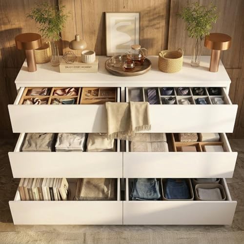FAMAPY 6 Drawer Dresser for Bedroom, Sturdy Wooden Chest of Drawers with Wide TV Stand Surface, Minimalist Handle-Free Design, Double Dresser Cabinet White 59”W x 15.7”D x 32.3”H - color: White-upgraded