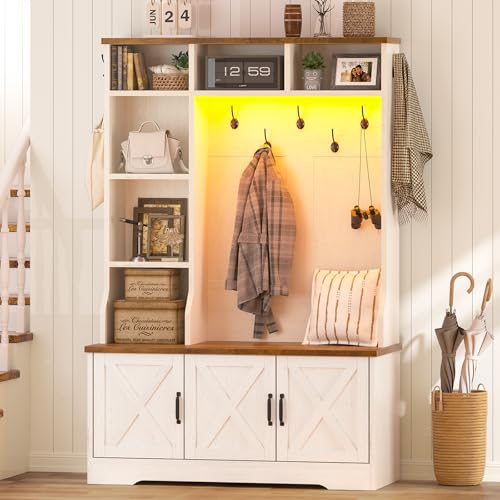 CSZZD Hall Tree with Bench and Shoe Storage, Farmhouse Entryway Bench with Coat Racks and Led Lights, Tall Hall Tree with 7 Coat Hooks, 6 Storage Cubbies, Adjustable Shelf - color: Antique White, size: 39.4"