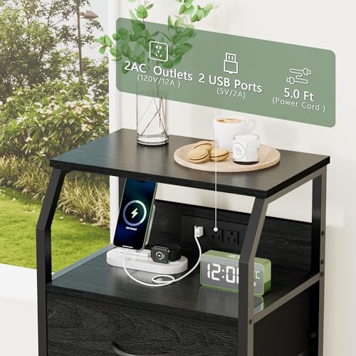 Furnulem 5 Drawers Dresser with Charging Station, Fabric Chest of Drawers with Open Shelf, Tall Night Stand, Bedside Table for Closet, Entryway, Bedroom Furniture, 3 Ways to Use, Black Oak - color: Black Oak, size: 5 Drawer