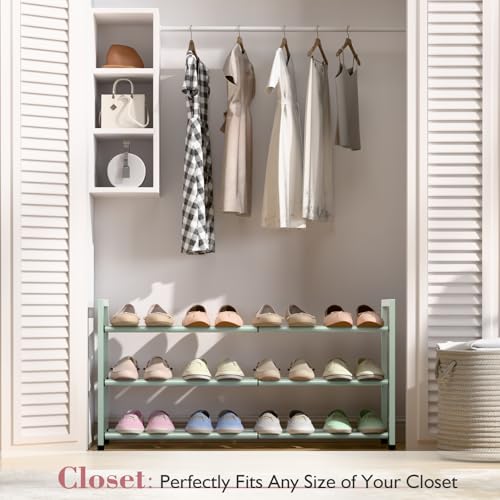 Bumusty 3-Tier Expandable Shoe Rack for Closet, 18“-33” Adjustable Shoe Rack for Small Space, Small Shoe Organizer for Front Door, Sturdy Metal, Green - color: Green, size: 3-Tier