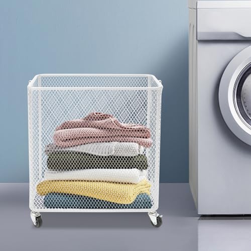 White Metal Laundry Basket with Wheels, Rolling Laundry Hamper Cart Mesh Laundry Storage Cart Organizer Clothes Sorter Shelf Basket Durable for Laundry Room - color: White
