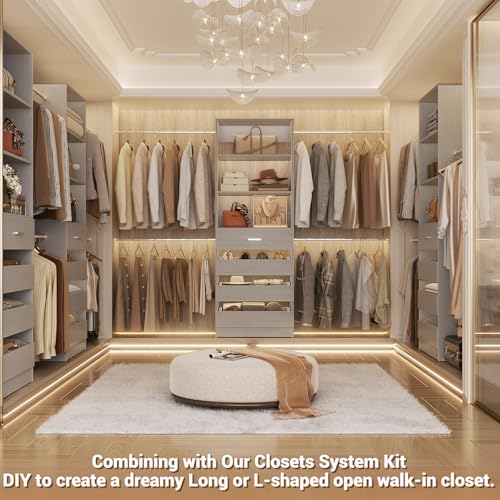 Aheaplus Closet System Set of 2, 4-9Ft Wood Closet Organizer with Drawers & Shelves, Closet Organizer System with 8 Hanging Rods, Walk-in Closets Organizer Wardrobe Closet Rack, Grey - color: Grey-2Sets