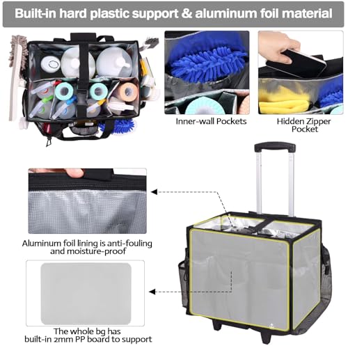 Extra large Rolling Cleaning caddy bag Built-in Hard Support Board,Cleaning Cart with Detachable Trolley, Housekeeping Cleaning caddy with Adjustable Shoulder Strap and Multiple Storage Pockets - color: Black