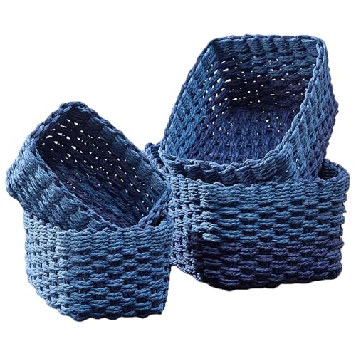 4PCS Woven Storage Baskets Set, Small Baskets for Organizing, Square Handwoven Paper Rope Organizer Bins for Shelves and Home Storage (Blue) - color: Blue