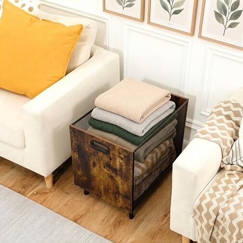 Blanket Storage, Laundry Hamper Laundry Basket With Rustic Industrial Design, Blanket Basket For Living Room, Wood And Metal Mesh Construction