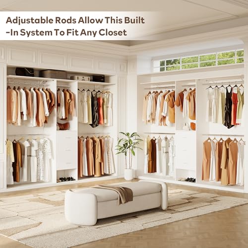 LINLUX 8FT Closet System 94'' Closet Organizer with 3 Drawers,4 Extendable Hanging Rods,Wood Closets Built In System Tower with Adjustable Shelves,Walk-in Closets Wardrobe Clothes Garment Rack(White)