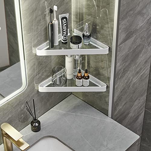 VOLPONE Bathroom Shelves Wall Mounted Glass Corner Shelf for Bathroom Floating Shelf Tempered Glass Wall Organizer 2-Tier(White) - color: White(triangular)