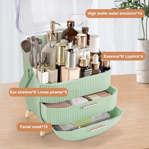 Makeup Organizer for Vanity, Large Capacity Skincare Cosmetic Organizer Countertop with 2 Drawers, Cosmetic Display Cases Makeup Storage Box for Bedroom, Bathroom, Ideal Gifts for Women(Green) - color: green new