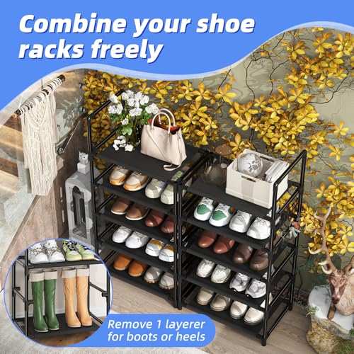 Simple Trending Tall Shoe Rack for Closet, 10 Tiers Narrow Shoe Shelf Holds 20 Pairs, Shoe Organizer Storage with Hooks, Black - size: 10 Tiers Narrow, Black
