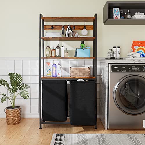 Furnulem 4 Tiers Laundry Hamper with Shelf and Hooks, Tall Laundry Basket Sorter with 2 Removable Bags, Double Clothes Hampers Organizers for Bathroom Bedroom - size: 2-Bag Laundry Hamper
