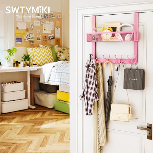 SWTYMIKI Over The Door Hook with 16 Hooks & Mesh Baskets - Heavy Duty Over The Door Organizer Hanger for Towels, Coats, Clothes - Space Saving Hanging Rack for Bathroom, Living Room, Pink - color: Pink-1 Basket