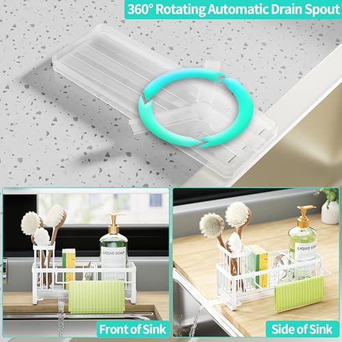 HapiRm Sponge Holder for Kitchen Sink - Self-draining Sink Caddy with Brush and Dishcloth Holders, Stainless Steel Kitchen Organizer for Countertop - White - color: White, size: with Dishcloth Holder