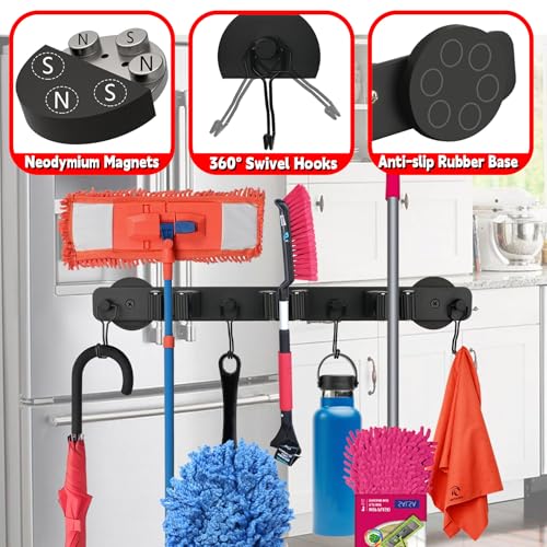 Magnetic Mop Broom Holder,Heavy Duty Movable Magnetic Wall Mount Tool Racks,No Drilling Utility Storage Shovel Hanger for Garage,Closet,Garden,Kitchen,Laundry (4 Hooks 3 Grippers,Black) - style: 4 Slot 3 Hooks Magnetic Mop Holder