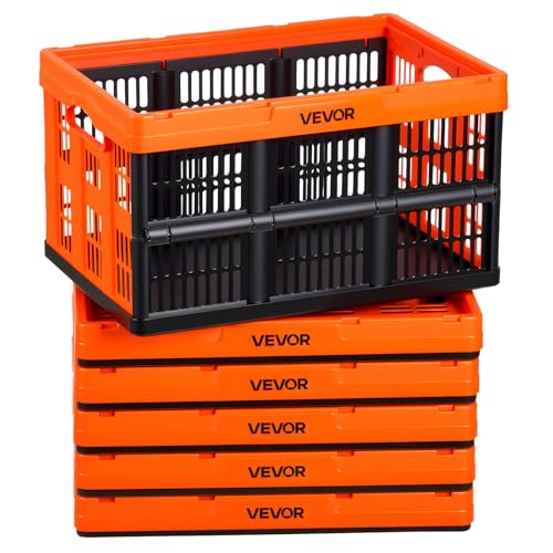 VEVOR Plastic Collapsible Storage Bins, 45L 6 Packs, Stackable Folding Storage Crates with Handles, Holds 33 lbs Per Bin, Foldable Heavy Duty Containers, Space-Saving Baskets, for Home Organizing - size: 45L-Orange-6PC