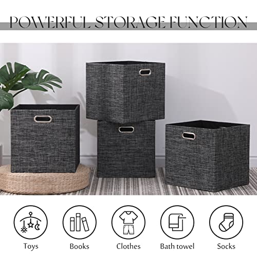 Cube Storage Bins 13×13 Inch Linen Foldable Box with Handles, Collapsible Organization Basket Set of 4 Large Capacity Drawer for Closet Shelf Cabinet Bookcase Bedroom, Black - color: Black