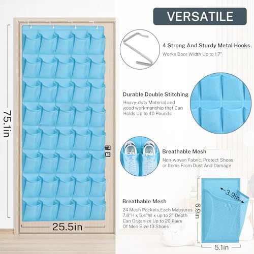 40-Pocket Over the Door Shoe Organizer - Large Mesh Pocket Hanging Shoe Organizer,Behind the Door Shoes Storage Holder Hanger - color: Light Blue